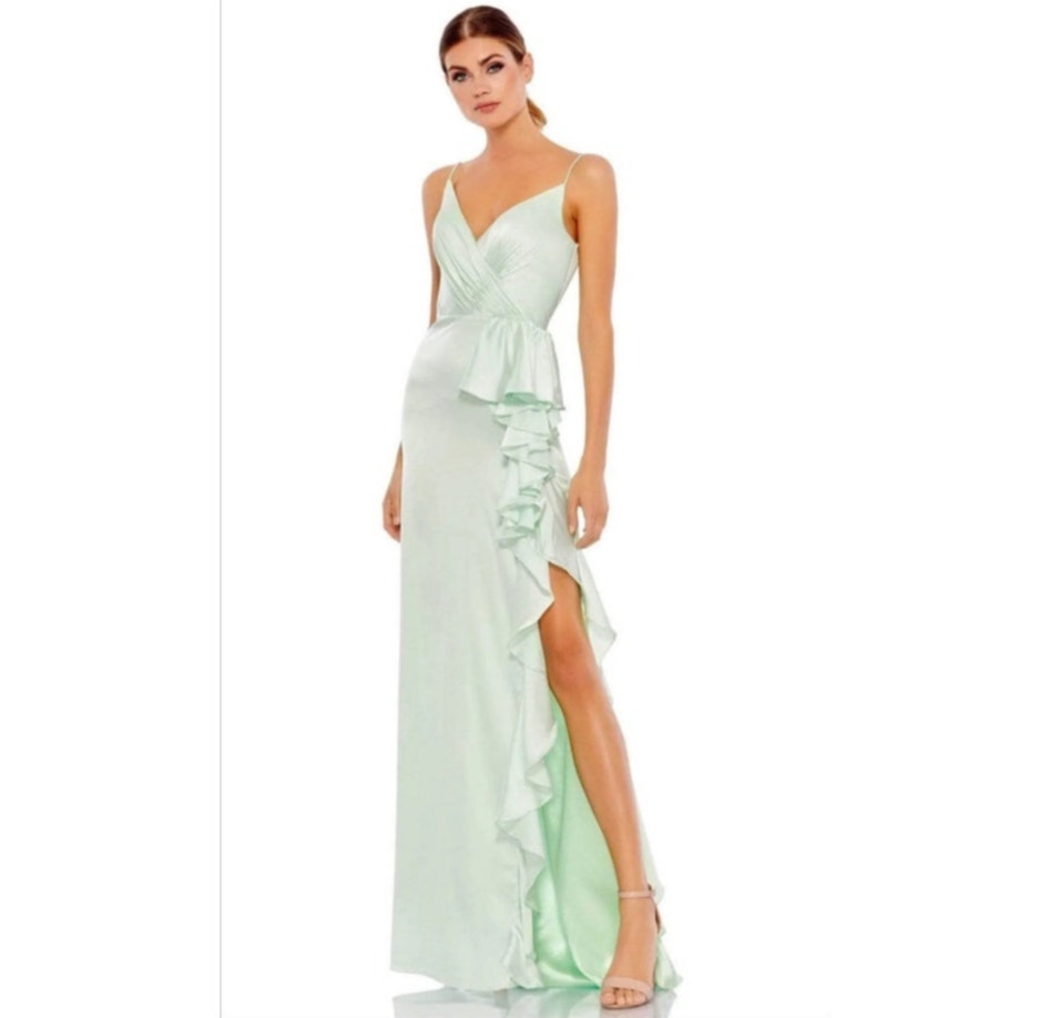 Mac Duggal Green Satin Ruffled Sleevless Prom Maxi Gown Dress Size 2 67815 New
